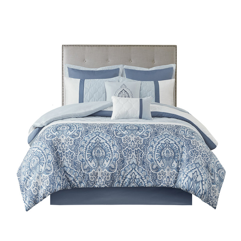 Édredon pour très grand lit 8 pièces, style bleu, 2 taies décoratives, 1 coussin décoratif, 1 coussin, lavable, imprimé, euro