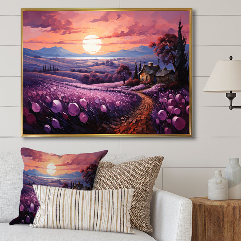 Paysage campagne lavande patchwork I, Cadre flottant doré, H 24 po x l 32 po x P 1 po