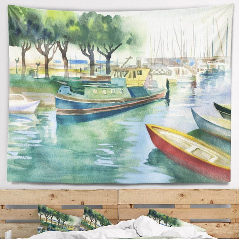 Tapisserie en polyester de bateau en aquarelle avec accessoires suspendus inclus, H 50 po x l 60 po