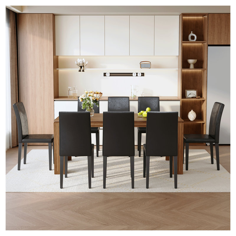 Ensemble de table de salle à manger en noyer avec 8 chaises en cuir de polyuréthane noir - Mobilier de cuisine moderne de 71 po pour la maison