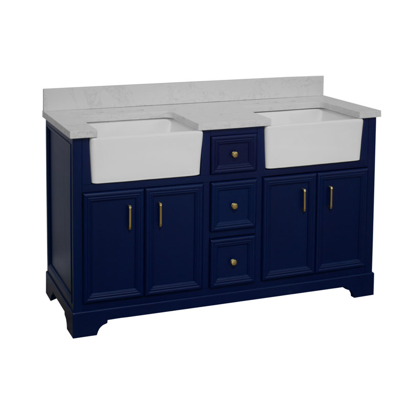 Ensemble de meuble-lavabo double 60 po Emiliano, Bleu royal, Carrare d'ingénierie