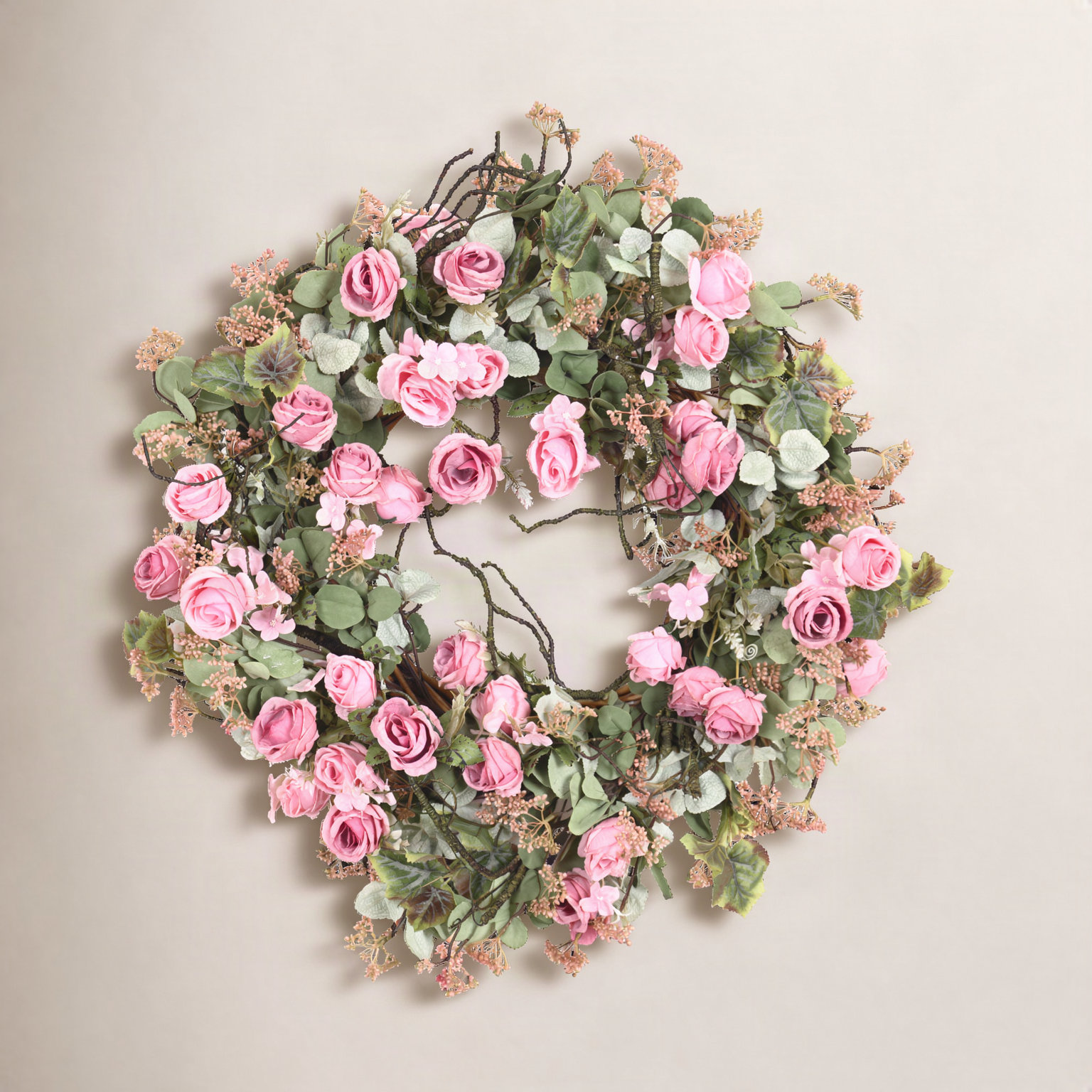 26" Handcrafted Eucalyptus Rose No Holiday Wreath