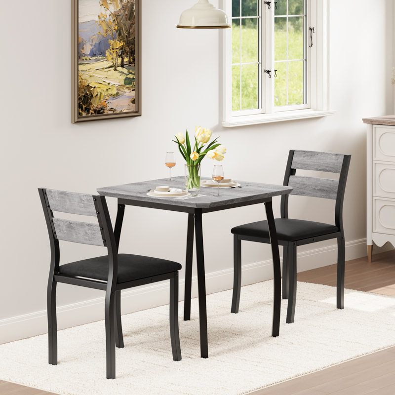 3 Piece Dining Table Set, Farmhouse Kitchen Table and Upholstered Chair, Metal Frame Square Dining Room Furniture, Gray