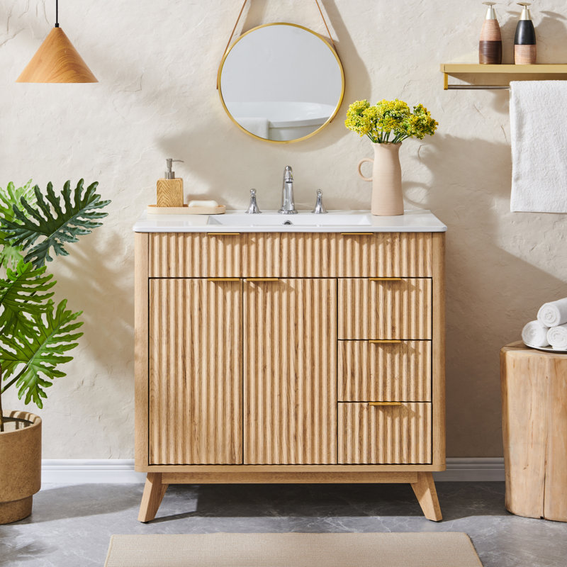 36" Freestanding Bathroom Vanity With Ceramic Sink, Natural Oak