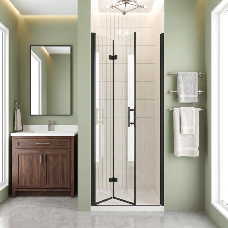 28" W x 72" H Aluminum Bifold Semi-Frameless Shower Door in Matte Black with Explosion Proof Film, 1/4"(6mm) Clear Tempered Glass and Stainless Steel Handle