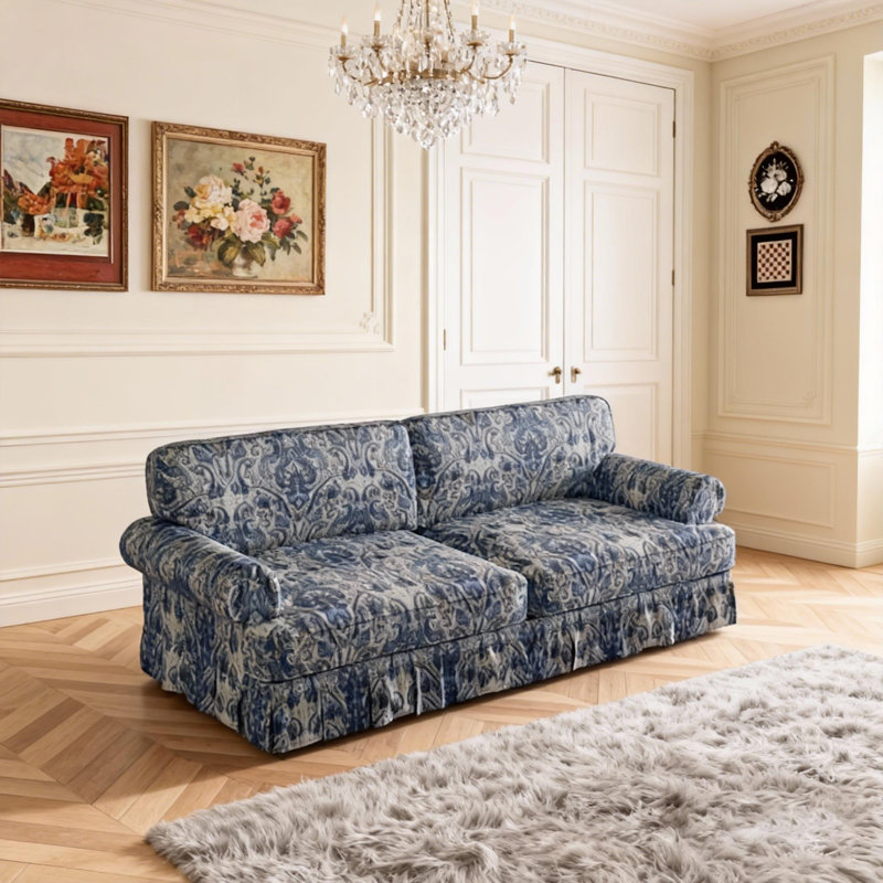 74 Luxuriously Comfortable 3-Seater Cloud Couch, Oxford Fabric Sofa with Elegant Rolled Arms & Pleated Skirt Design, 26.4 Extra Deep Seat Mid Century Sofa for Apartment, Office, Blue Floral