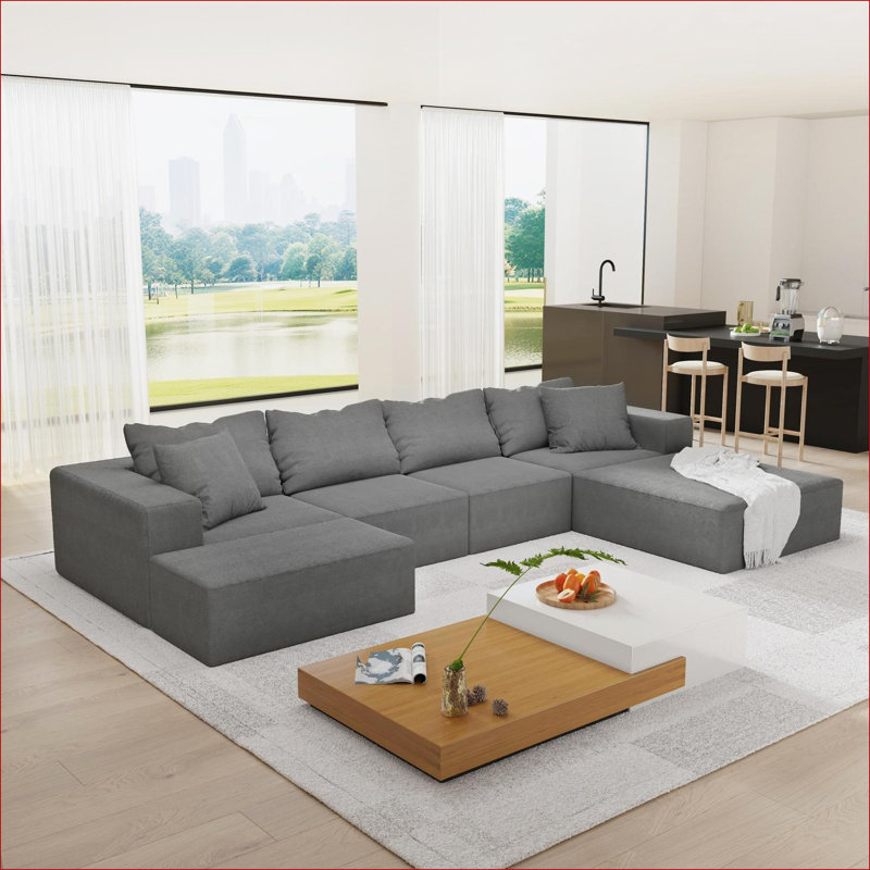 Canapés modulaires | Canapé modulaire en forme de L de 132 po pour la chambre à coucher avec 6 coussins | Gris | Chenille