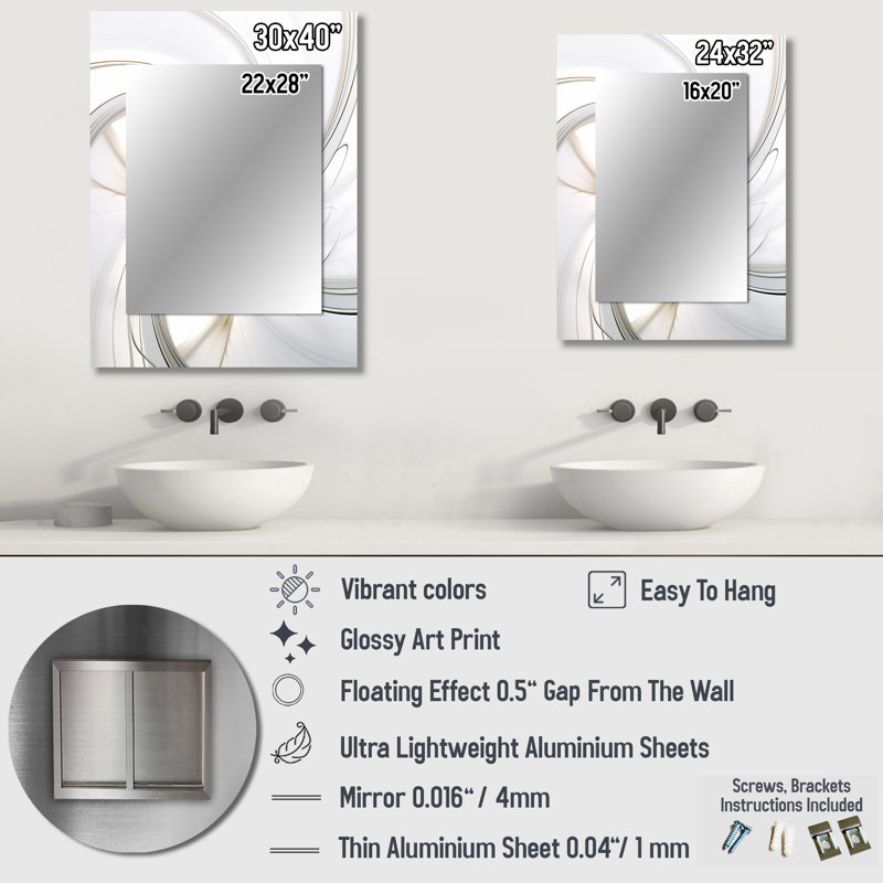 Fractal Flower Joy in Cosmic White I - miroir mural fractal, miroir décoratif blanc, impression d'art en métal, 40 po x 30 po