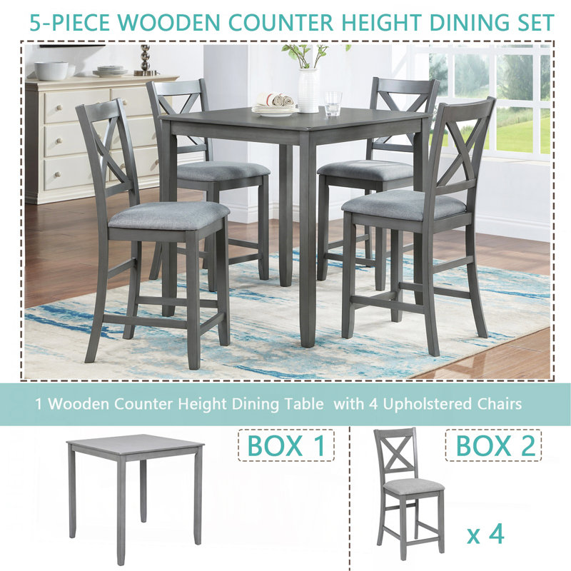 Ensemble de table de salle à manger 5 pièces, ensemble de table de salle à manger carrée en bois pour 4 personnes, ensemble de table de cuisine à hauteur de comptoir avec table carrée et 4 chaises rembourrées pour petit espace, gris