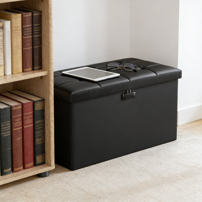 Fireproof And Waterproof Storage Ottoman Bench With Lock, 30 Inch Fire-Resistant Leather Storage Chest For Documents And Valuables, Foldable Footrest Stool With 700 Lb Capacity