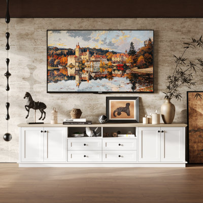 Extra Wide White TV Stand With Thickened Top, 4 Drawers And 4 Cabinets For Living Room Storage