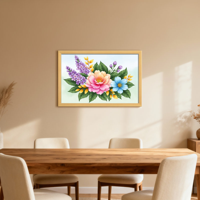 Arrangement floral de plantes et de fleurs avec des fleurs colorées et des feuilles vertes, H 12 po x l 18 po, Toile tendue