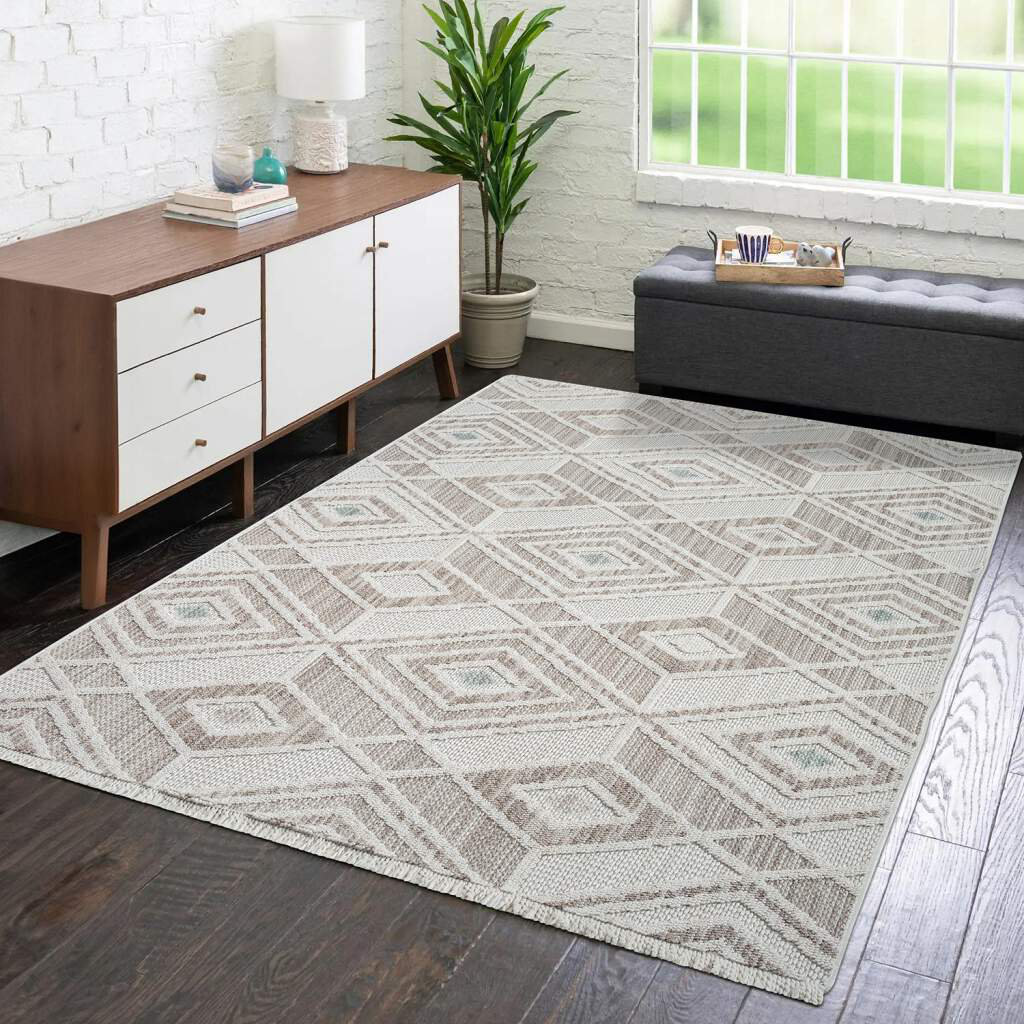 Teppich Lindo 8875 Kurzflor 3D-Optik Fransen Grün Rauten-Muster Boho-Stil Wohnzimmer Howard