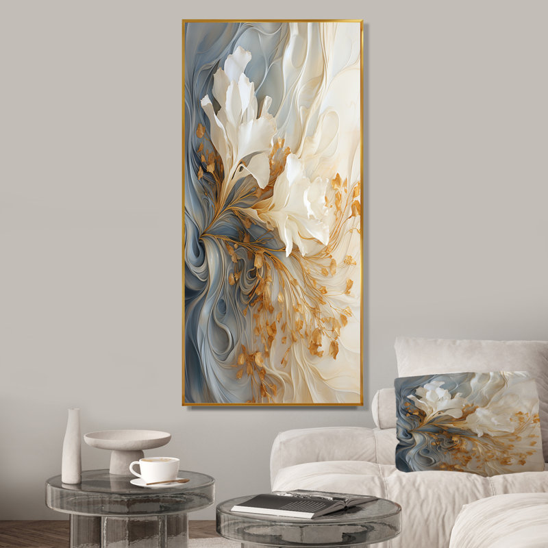 Champagne blanc et or blanc V - Champagne, art mural, Cadre flottant doré, H 60 po x l 28 po x P 1,5 po