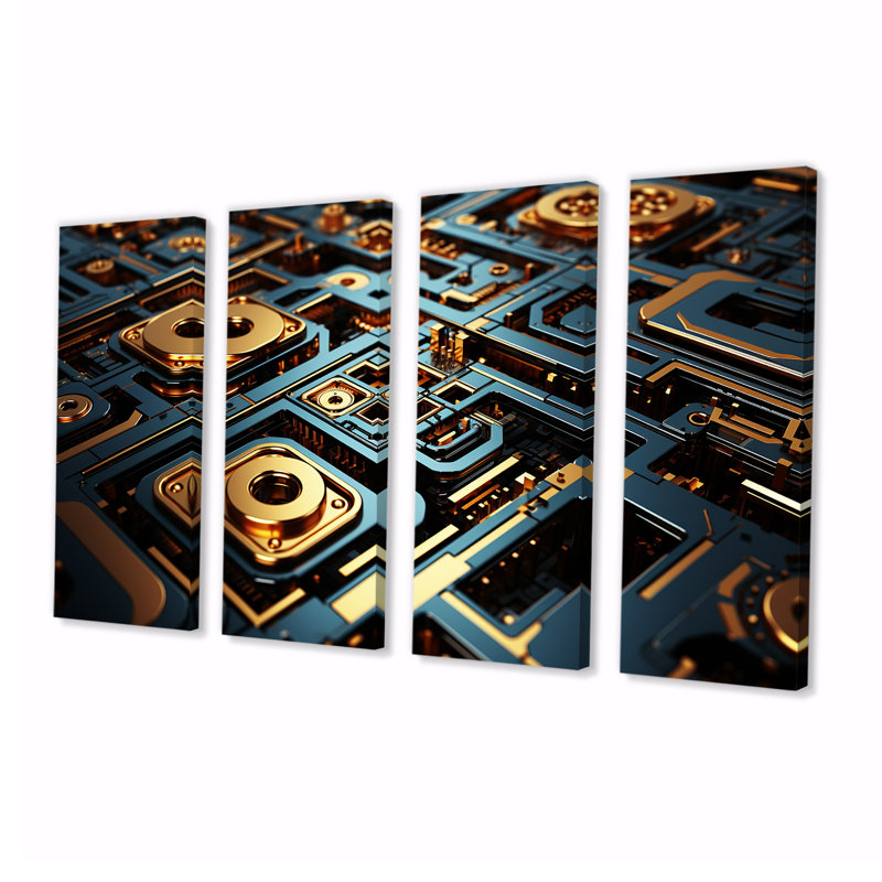 Mécanisme de mainframe bleu doré - art mural abstrait 4 pièces, H 28 po x l 48 po