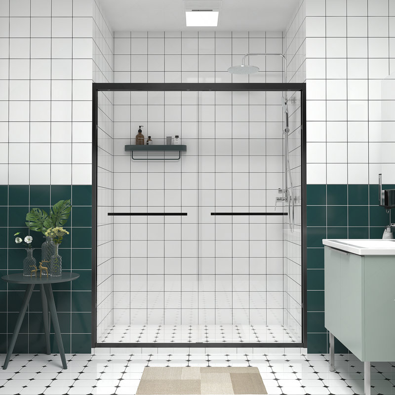 56-60"x74" Aluminum Frame Double Sliding Shower Door,Bypass Bathroom Sliding Door with Premium 1/4" (6mm) Clear Tempered Glass, Black Hardware Sliding Glass Shower Enclosure,Matte Black Finished