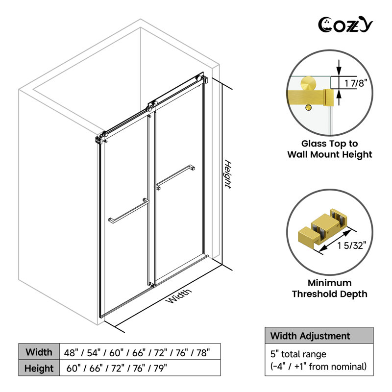 62-67" W X 60" H Frameless Double Sliding Tub Door, Brush Gold