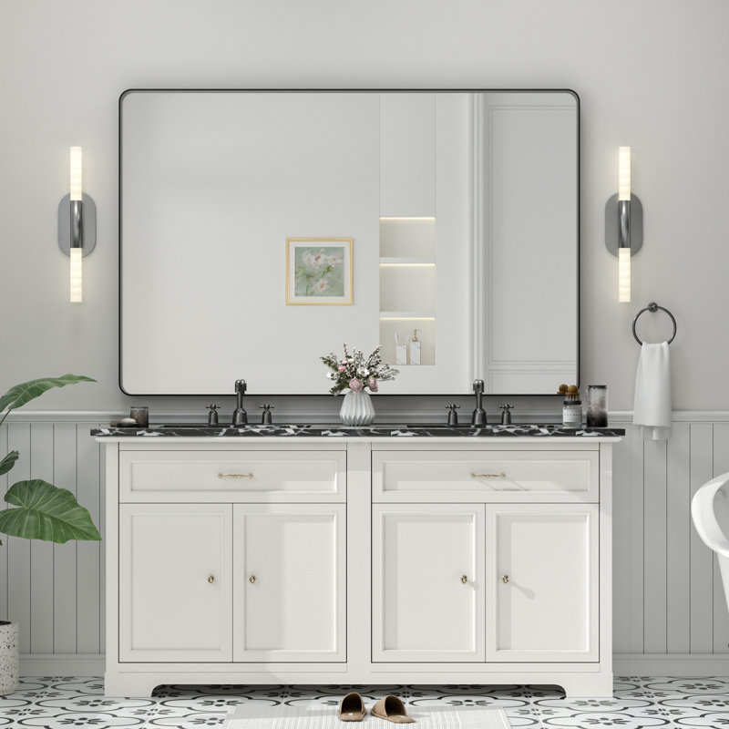 Miroir de salle de bain mural en verre trempé et métal Molly, 60 po x 40 po, Noir, Rectangle(Rounded Corner)