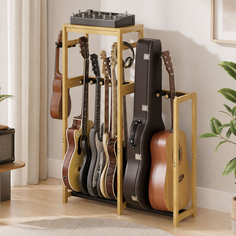 Support de guitare en bambou, support multi-guitare réglable avec tablette de rangement