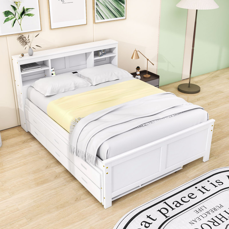 Lit plateforme en bois avec lit gigogne simple et 3 tiroirs Olriedge, Double, Blanc