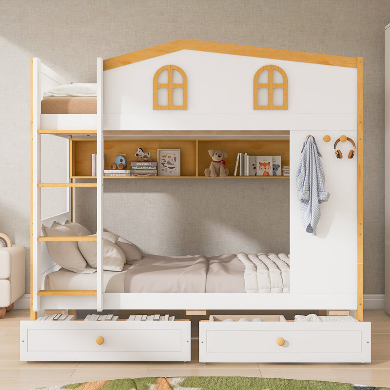 Lit superposé en forme de maison moderne Kairox avec tablettes et tiroirs de rangement, garde-corps, solution de sommeil loft