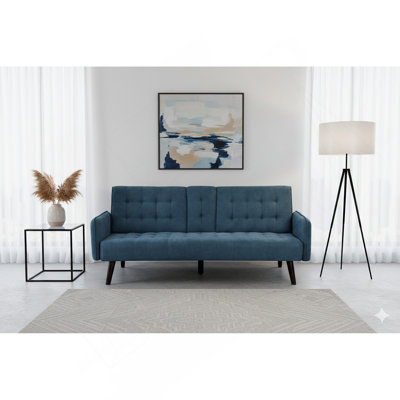 72" Sleeper Sofa Bed - Convertible Folding Backrest To Full Bed With Cup Holder & Drop-Down Table - Space Saving Linen Sofa For Small Spaces - Easy Assembly, Blue