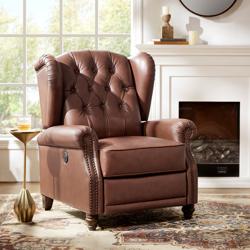 Cherri 32.5" Genuine Leather Wingback Power Recliner with Charging Ports, Brown