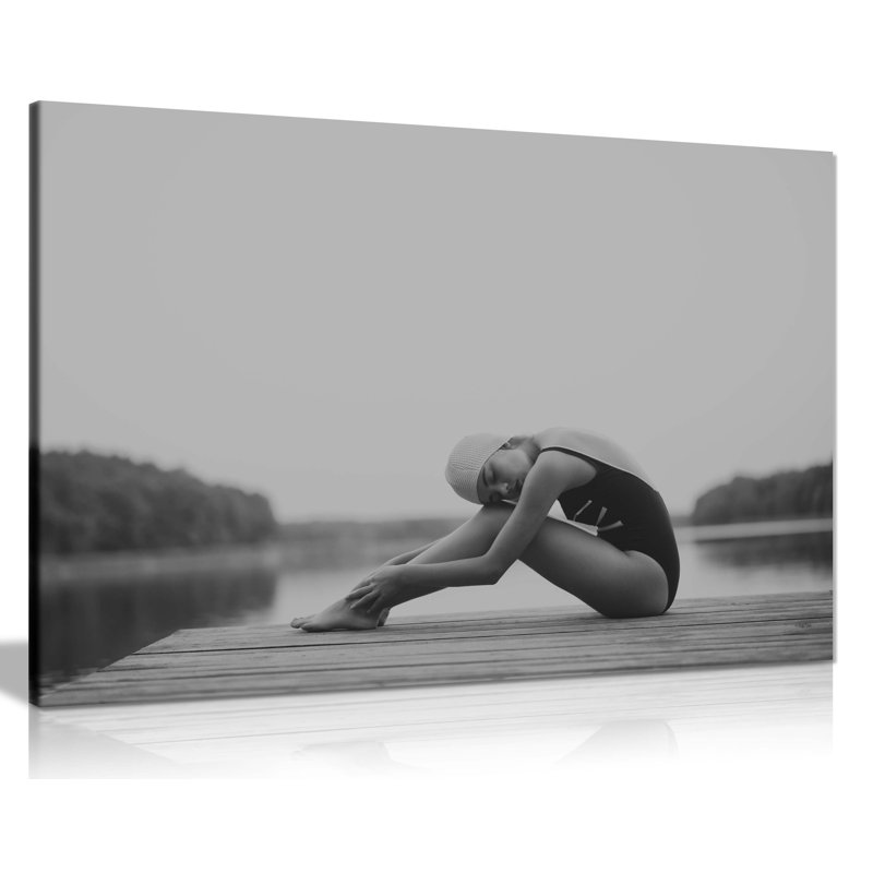 Girl Swimmer At The Lake Bridge - Wrapped Canvas Print, 20cm H x 31cm W