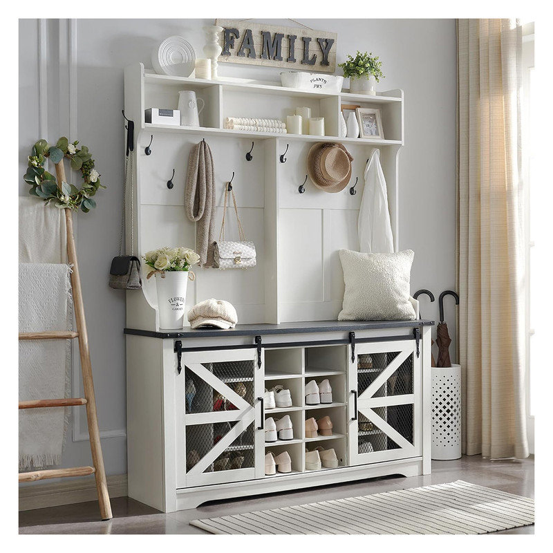 AMIZOY 20 Shoe Cubbies & 12 Coat Hooks Wide Hall Tree with Shoe Storage ...