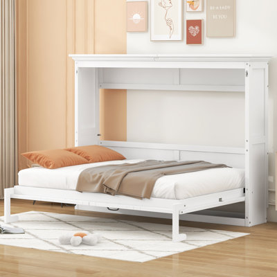 Full Size Space-Saving Murphy Bed | Folding Wall Bed with Cabinet Storage | Sturdy Wood Frame, Easy Assembly, White