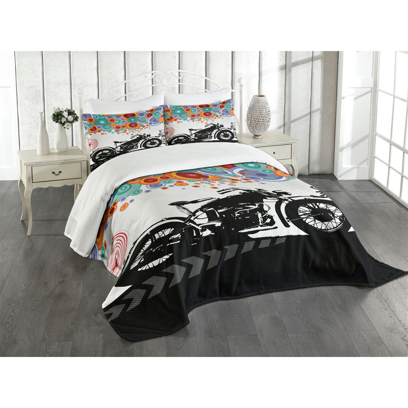 King White Quilted Bedspread Set with Motorcycle Print
