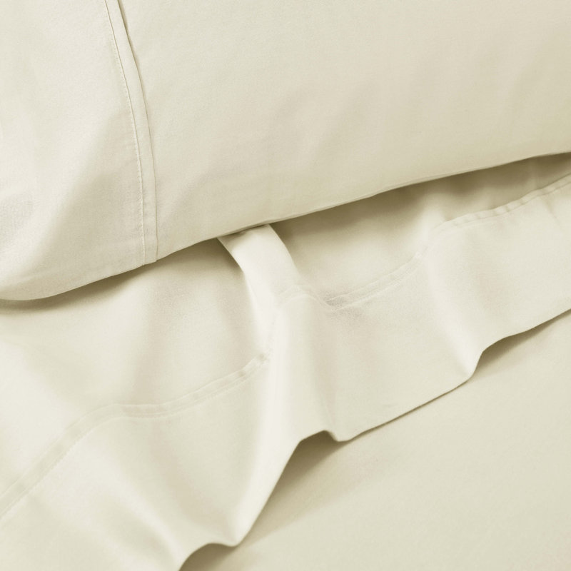 Ensemble de draps en mélange de coton 1500 fils Superior, Ivoire, Ensemble de draps pour grand lit avec 2 taies d'or