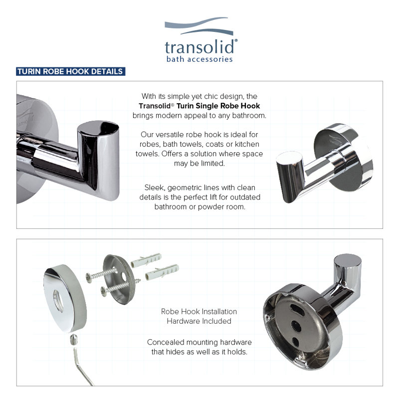 Turin Wall Mounted Robe Hook, Polished Chrome