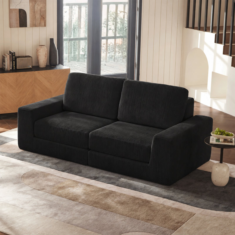 Boneless 80" Cloud Loveseat Sofa, Corduroy Boneless Sectional Couch, Love Seats For Living Room, No Assembly Required, Black