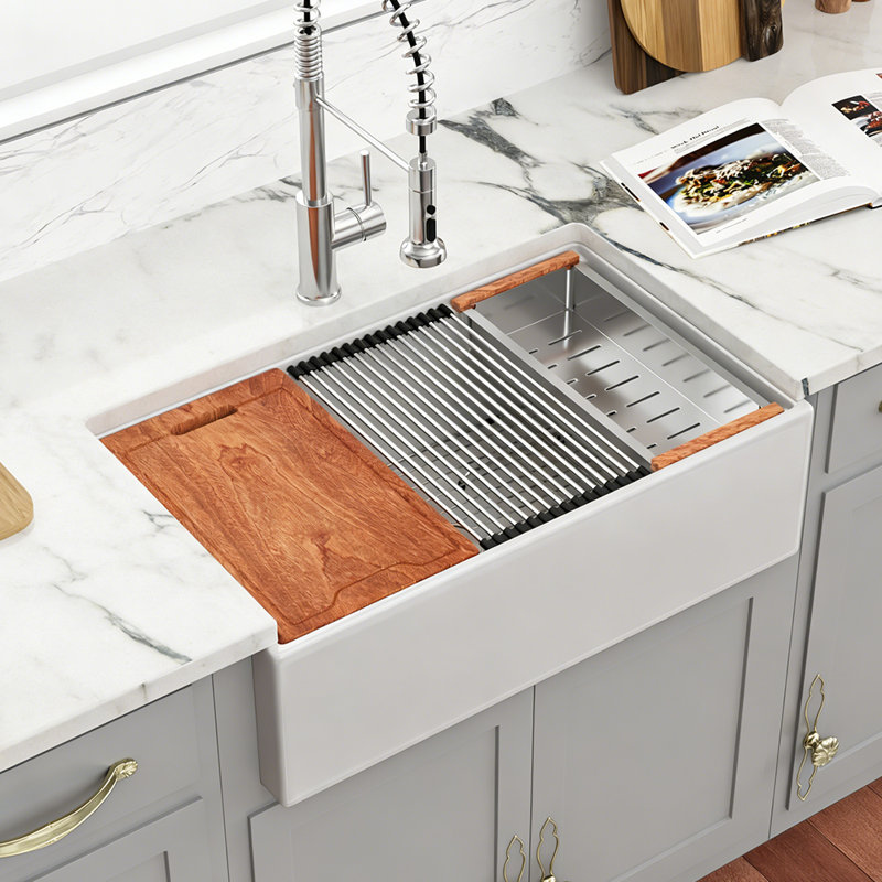 33'' L x 20" W Farmhouse Creamic Kitchen Sink Apron Front Workstation Sink White Ceramic Single Bowl Kitchen Sink with Accessories