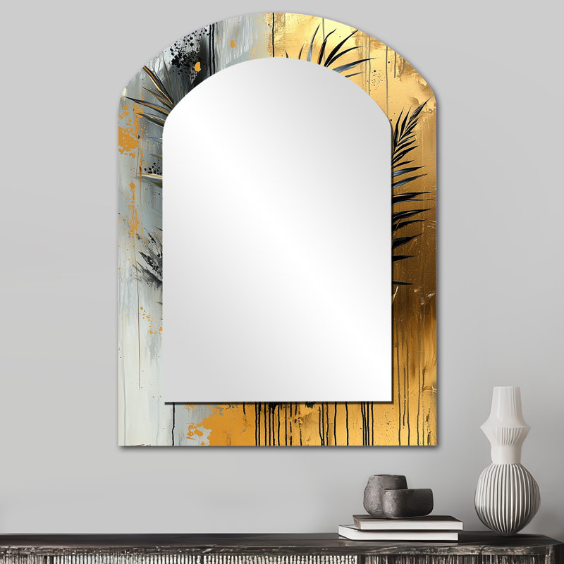 Minimalisme Ferns Golden Tropical Symphony III - Miroir décoratif à arche florale sur métal, 34 po x 25 po