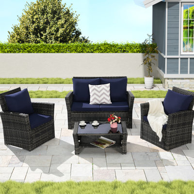 Chaise de patio pour l'extérieur, 4 meubles avec table basse, coussins respirants, pour cour, pelouse, balcon, bord de piscine, bleu foncé, protégé, jardin d'eau,