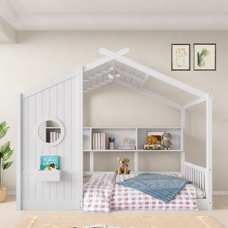 Lit sur pied avec tablettes de rangement, Lit double, Blanc