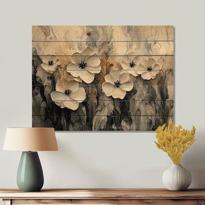 Cream Abstract Flowers In The Wind II - Flowers Wood Print - On Natural Pine Wood
