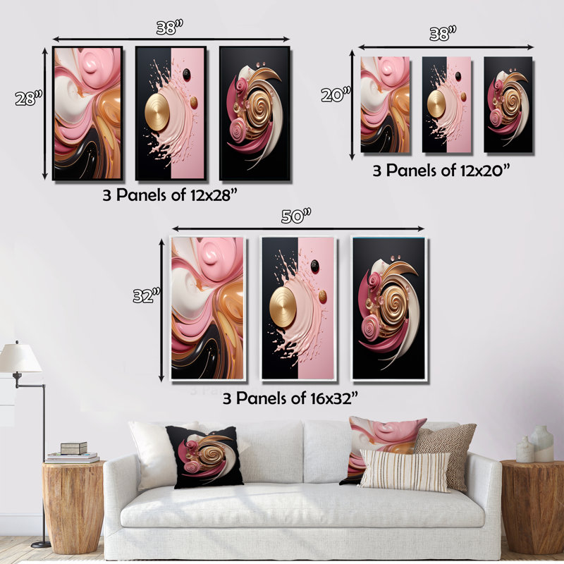 3 pièces sur toile - Retro Glam, art liquide minimal, rose, blanc, noir I, Cadre flottant noir, H 20 po x l 36 po