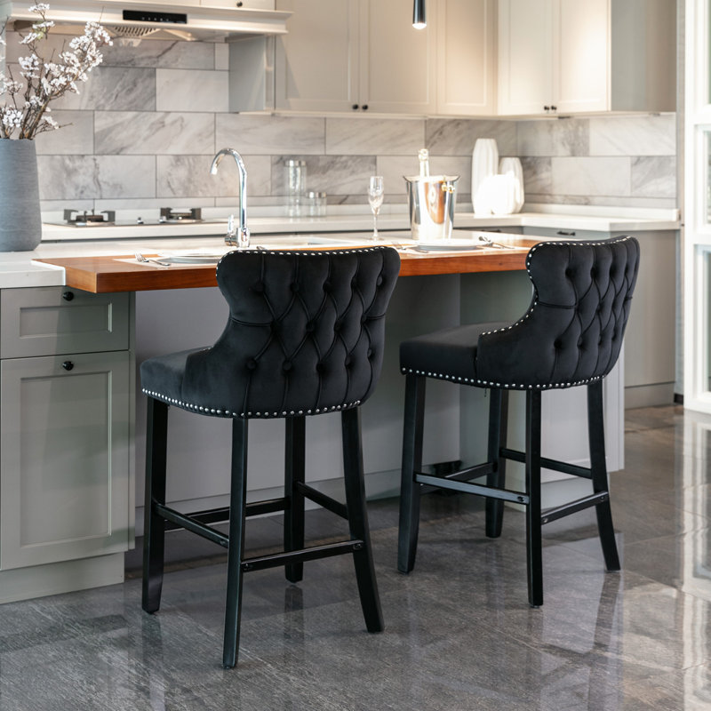 Upholstered Counter Stool with Solid Wood Frame, Black