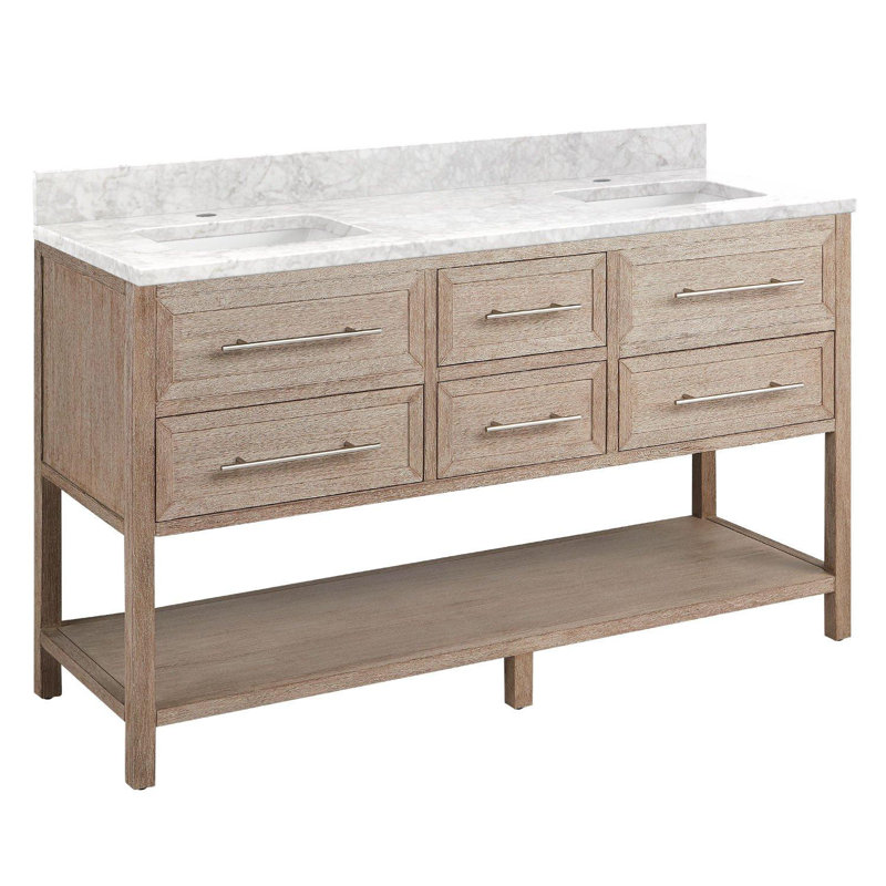 60" Robertson Double Bathroom Vanity Set with Rectangular Undermount Sinks, Carrara Marble, Single-Hole Centered