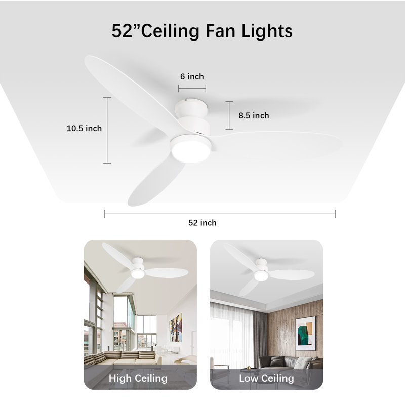 Ventilateur de plafond avec éclairage et télécommande, ventilateur de plafond moderne de 52 pouces avec télécommande, 6 vitesses, intensité variable DEL, moteur à courant continu silencieux