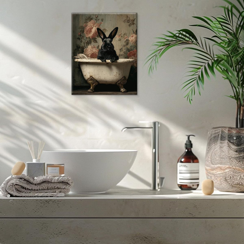 Lapin rétro, reproduction d'art de lapin noir dans la baignoire, peinture sur toile, image amusante de Pâques, décoration murale pour la salle de bain, encadré de 8 po x 10 po