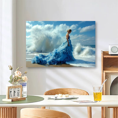 Woman In Blue Dress Standing On The Beach Large Gallery Wrapped Canvas Wall Art Print for Living Room & Bedroom