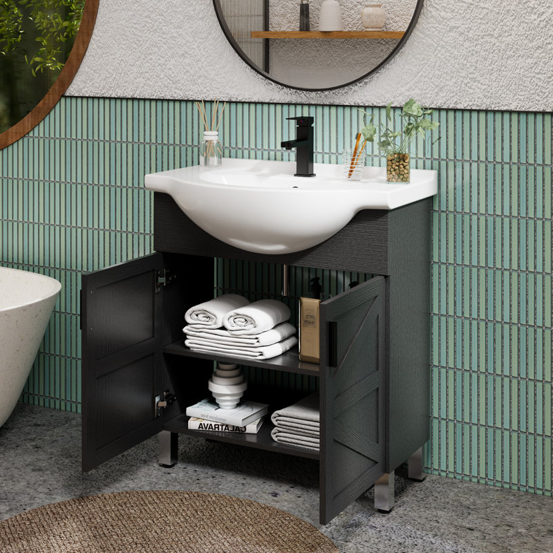 Meuble-lavabo simple autoportant de 30 po avec lavabo épais en céramique Euro, robinet et bonde en laiton, Black, 30"
