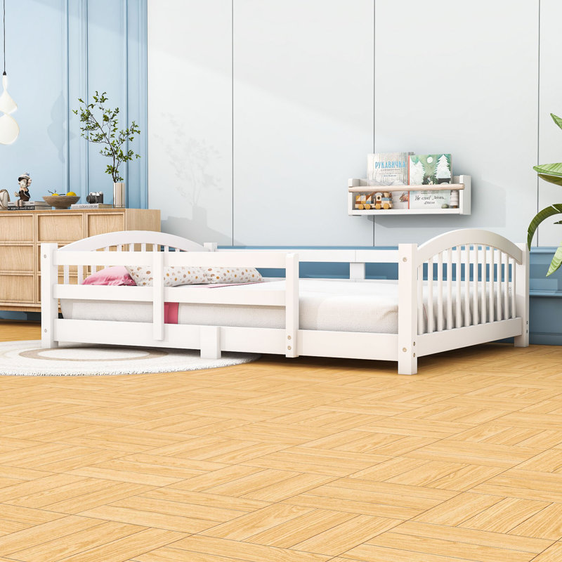 Wood Floor Bed with Safety Guardrails, Full, White