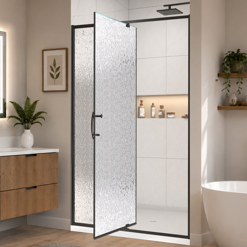 Porte de douche pivotante demi-cadre l 38 à 42 po x H 71 po en noir mat avec verre trempé, Pluie, Noir mat