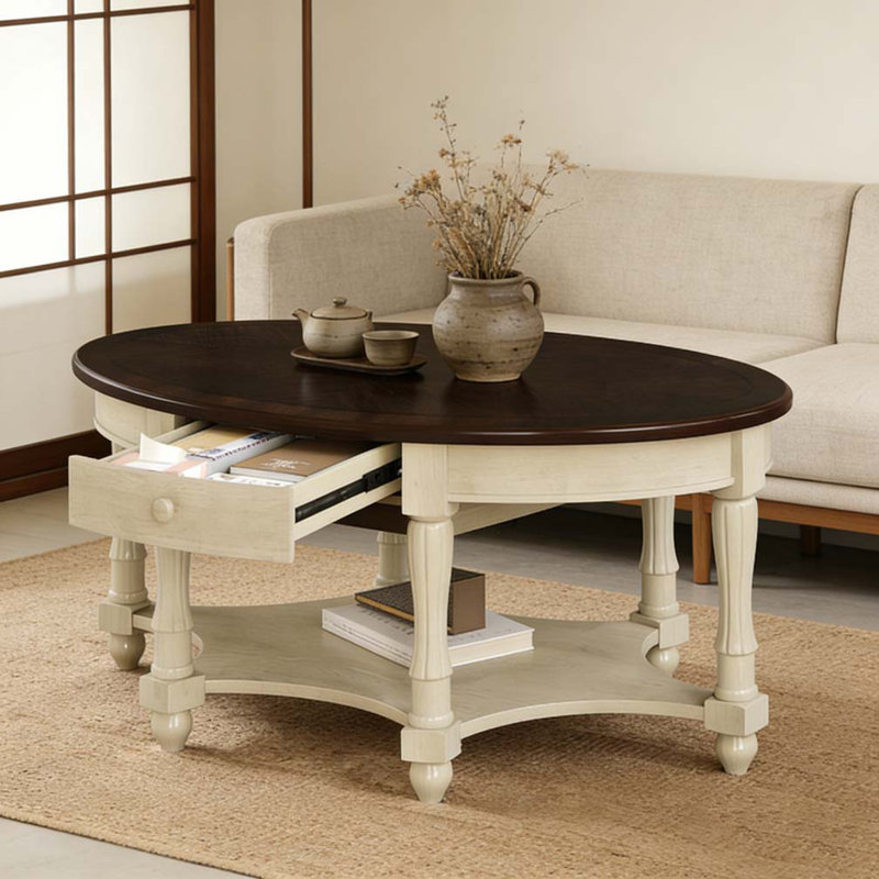 Round Coffee Table with Storage, Beige,Espresso