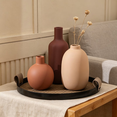 Ceramic Modern Vases Set of 3, Terracotta Decorative Pottery Farmhouse Vases for Home Decor, Boho Style Tabletop Containers for Pampas Grass, Dried Flowers, Living Room, Kitchen, Entryway, Mantel